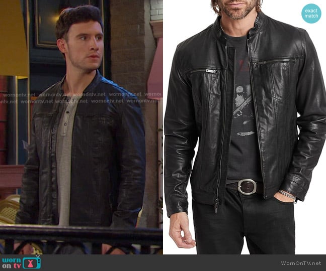 John Varvatos Brando Band Collar Leather Jacket worn by Liam Selejko (Hank Northrop.) on Days of our Lives