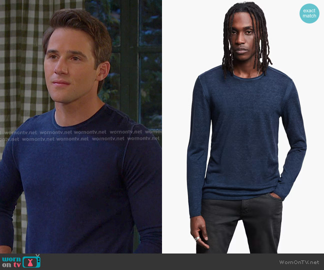 John Varvatos Pete Crew Neck Sweater in Naby worn by JJ Deveraux  (Casey Allen Moss) on Days of our Lives