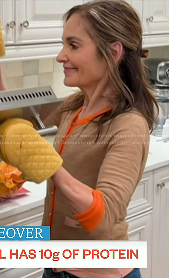 Joy’s beige contrast trim cardigan on Today