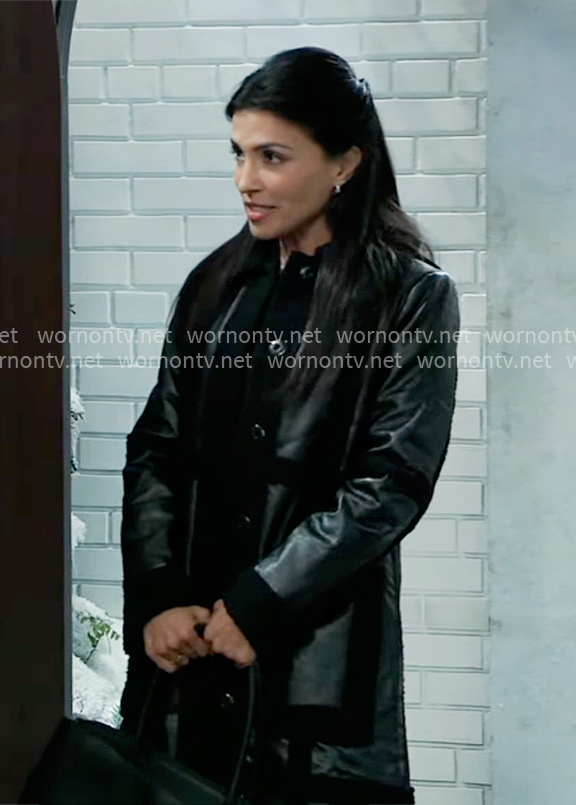 Justine’s black leather and shearling coat on General Hospital