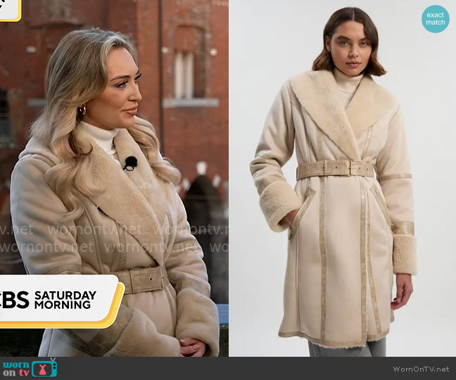 Karen Millen Faux Shearling Snake Tipped Belted Short Cuff and Collar Coat worn by Kelly O'Grady on CBS Mornings