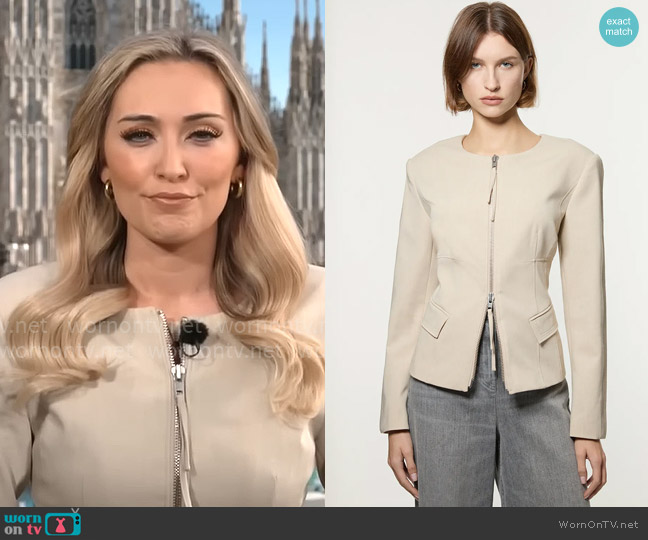 Karen Millen Tailored Viscose Zip Through Multi Stitch Jacket in Stone worn by Kelly O'Grady on CBS Mornings