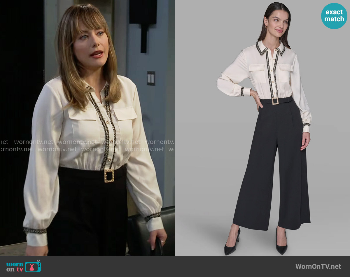Karl Lagerfeld Paris Scuba Crepe Wide Leg Jumpsuit worn by Hope Logan (Annika Noelle) on The Bold and the Beautiful