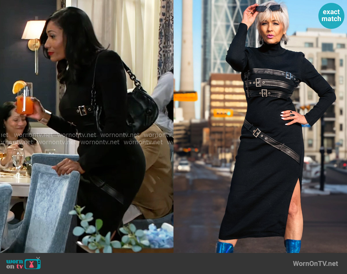 Kate Hewko Long Buckled Knit Dress worn by Dana 'Leslie' Thomas (Trisha Mann-Grant) on Beyond the Gates