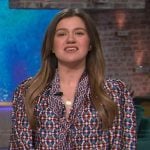 Kelly’s geometric print tie neck blouse on The Kelly Clarkson Show