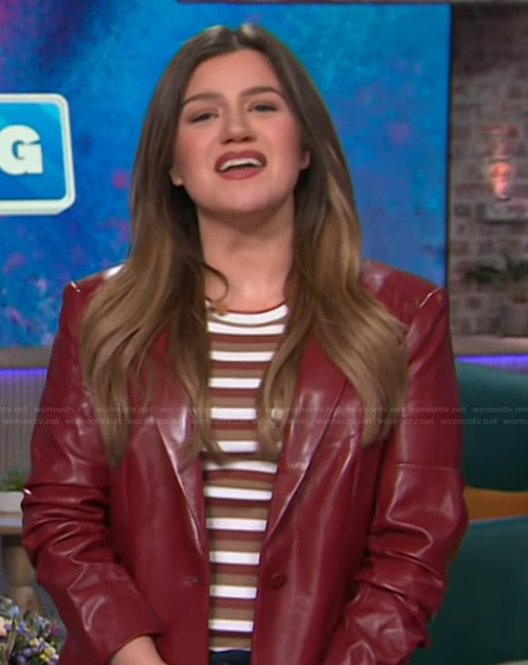 Kelly’s burgundy leather jacket and striped tee on The Kelly Clarkson Show