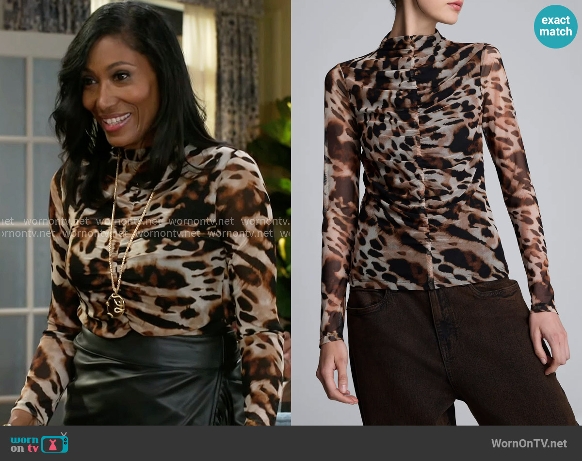 Kenneth Cole Ruched Mesh Funnel Neck Top worn by Dana 'Leslie' Thomas (Trisha Mann-Grant) on Beyond the Gates