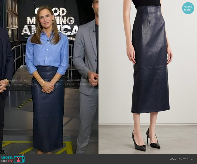 Khaite Loxley Leather Maxi Skirt in Navy worn by Jennifer Garner on Good Morning America