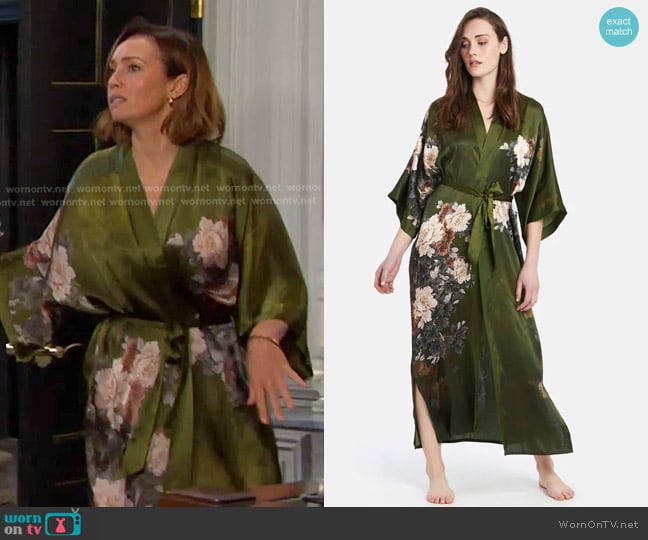 Kim + Ono Silk Keina Kimono Robe in Olive worn by Gwen Rizczech (Emily O'Brien) on Days of our Lives