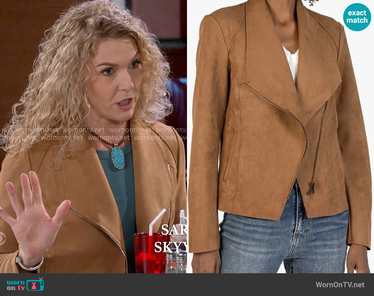 Kut from the Kloth Carina Camel Vegan Suede Asymmetrical Zip Moto Jacket worn by Jan Morgan (Jerri Tubbs) on Beyond the Gates