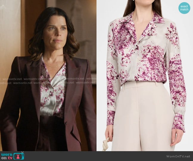 Lafayette 148 NY Splatter-Print Silk Twill Blouse in Violet ash multi worn by Maggie McPherson (Neve Campbell) on The Lincoln Lawyer