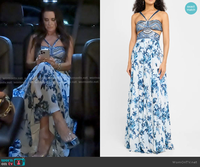 L'Agence Annistyn Gown in White & Blue Painterly Floral worn by Kyle Richards on The Real Housewives of Beverly Hills