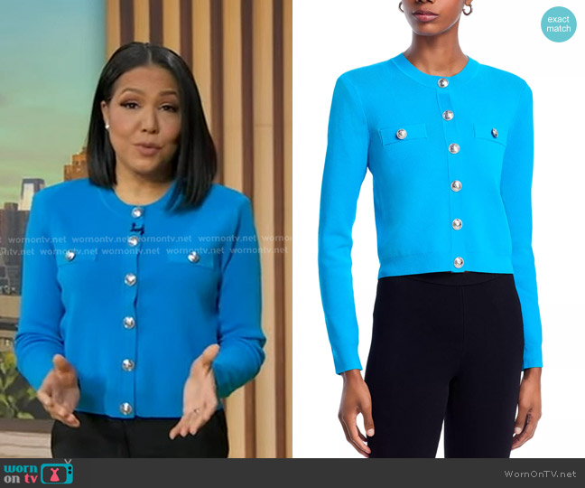 L'Agence Toulouse Cropped Cardigan in Dresden Blue worn by Stephanie Ramos on Good Morning America