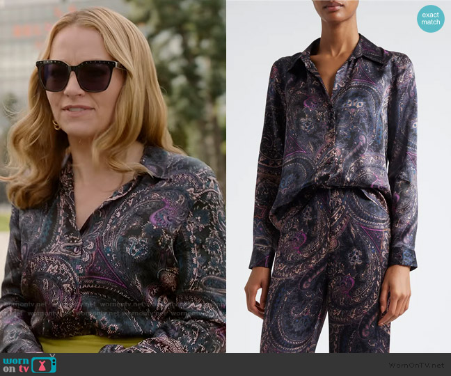 L'Agence Tyler Paisley Print Long Sleeve Silk Button-Up Shirt worn by Lorna Crane (Becki Newton) on The Lincoln Lawyer