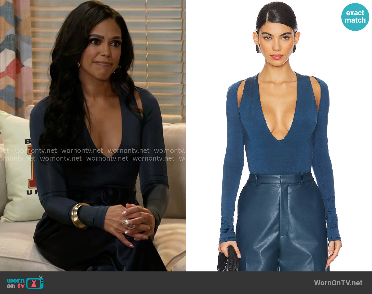 Lapointe V Neck Bodysuit in Marine worn by Dani Dupree (Karla Mosley) on Beyond the Gates