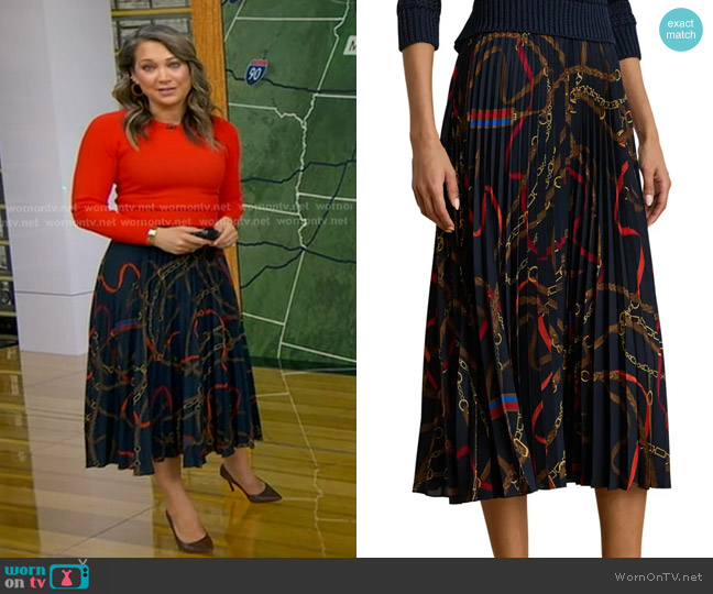 Lauren Ralph Lauren Belting Print Pleated Georgette Skirt worn by Ginger Zee on Good Morning America