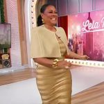 Lela Rochon’s gold metallic stripe dress on Sherri
