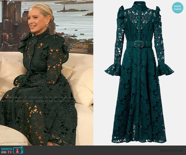 Leo Lin Aliyah belted lace midi dress worn by Katherine LaNasa on The Drew Barrymore Show