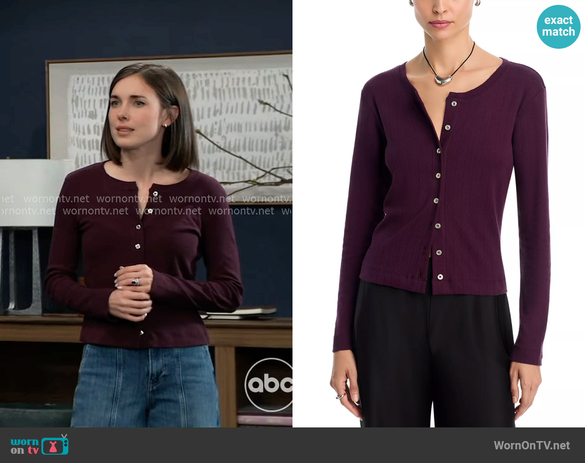 Leset Pointelle Crewneck Cardigan in Dark Berry worn by Willow Tait (Katelyn MacMullen) on General Hospital