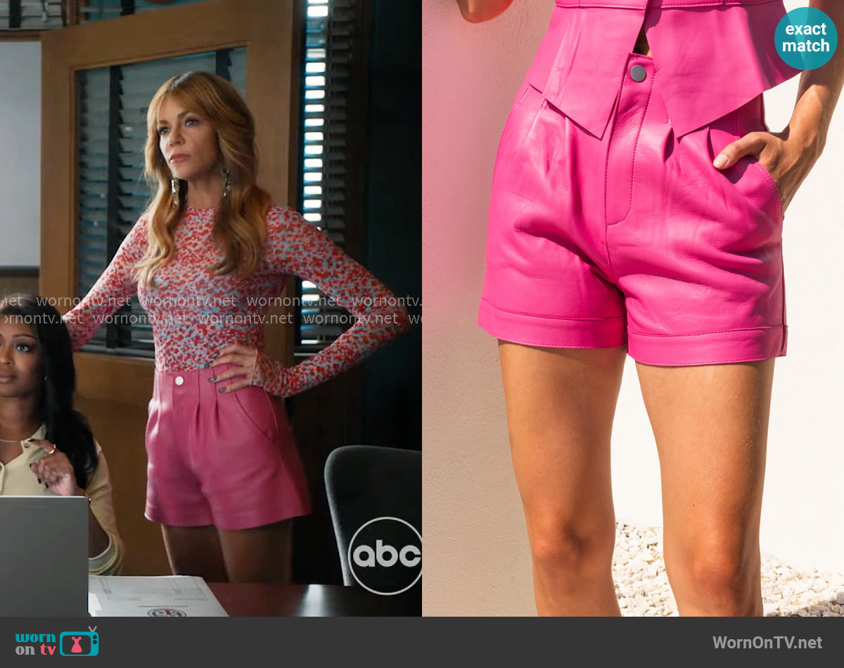 Lisa Maree Sierra Leather Shorts in Hot Pink worn by Morgan Gillory (Kaitlin Olson) on High Potential