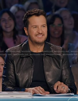 Luke’s black mesh-shoulder leather jacket on American Idol
