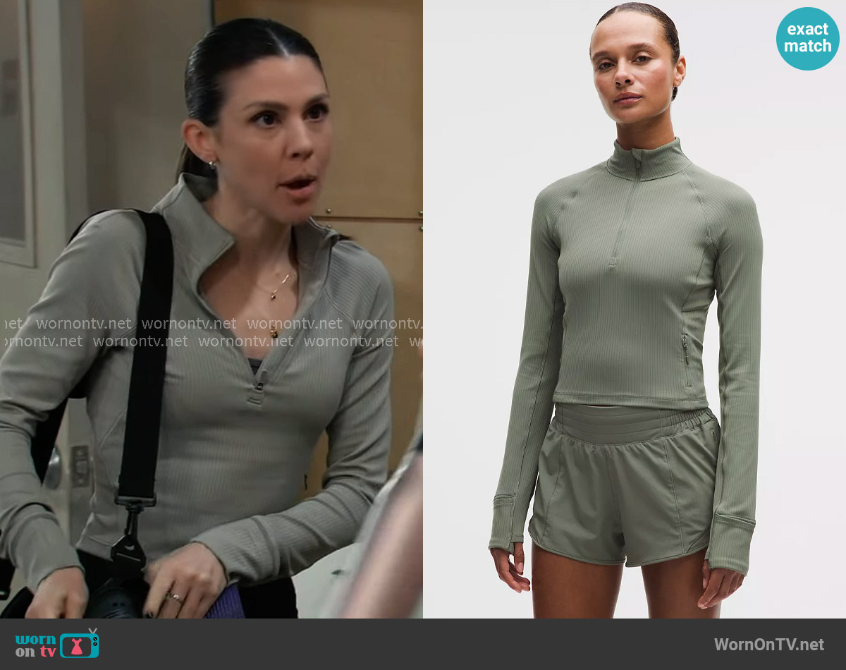 Lululemon It's Rulu Ribbed Cropped Half Zip in Willow Leaf worn by Kristina Corinthos-Davis (Kate Mansi) on General Hospital