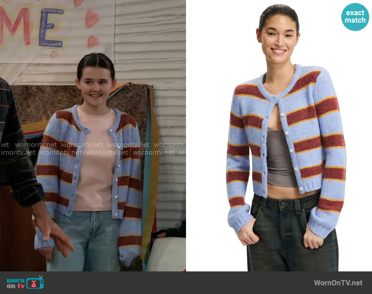 Luxe Crew Cardigan in Dusk Blue Berry Stripe Cotton On worn by Georgie Spinelli (Lily Fisher) on General Hospital