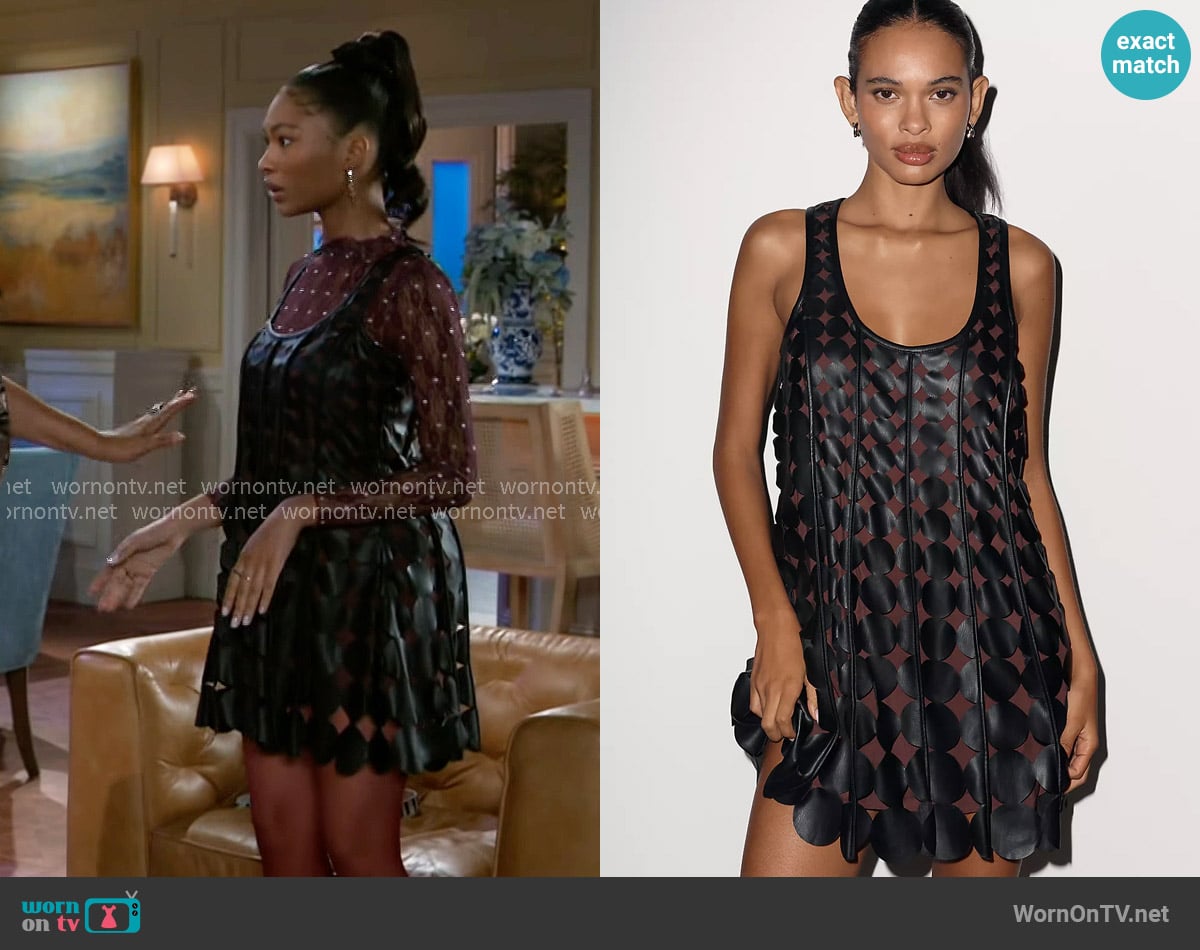 Maeve Faux Leather Sleeveless Swing Dress worn by Jessica Harris (Camryn Jade) on Beyond the Gates