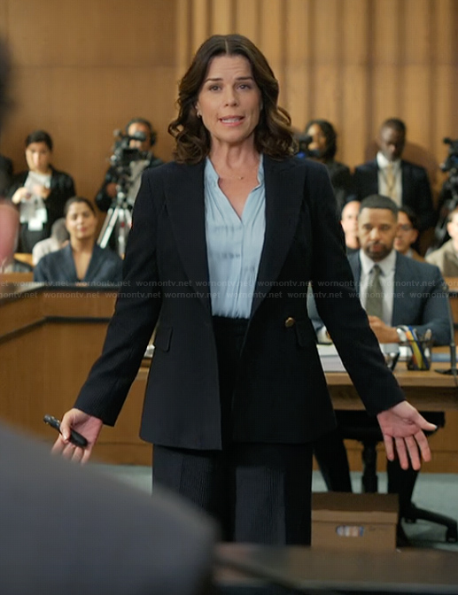 Maggie’s blue striped v-neck top on The Lincoln Lawyer