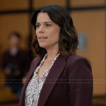 Maggie’s burgundy suit and printed blouse on The Lincoln Lawyer