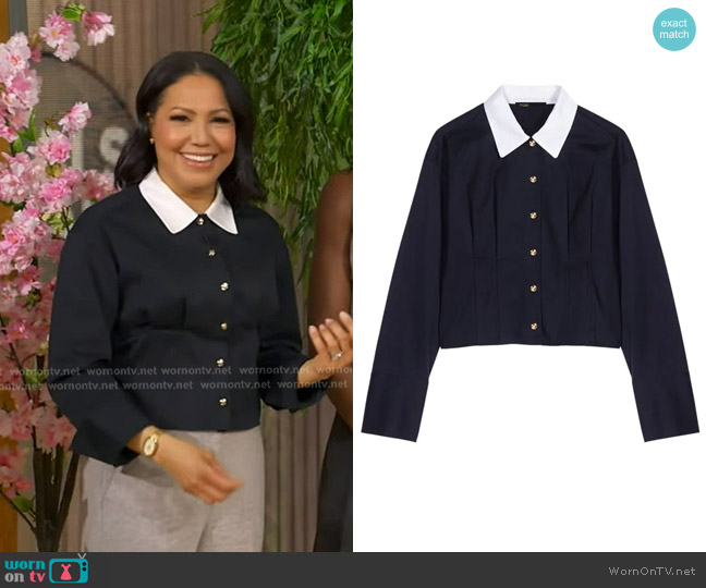 Maje Cropped Poplin Shirt in Navy worn by Stephanie Ramos on Good Morning America