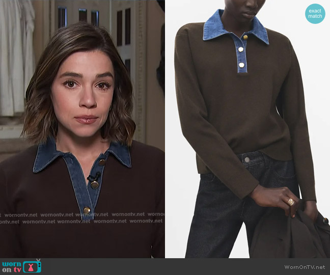 Mango Abril Denim Collar Sweater in Dark Brown worn by Julie Tsirkin on NBC News Daily