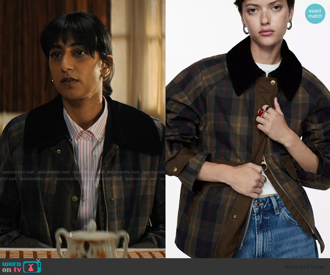 Mango Contrasting Collar Check Parka worn by Priya (Sunita Mani) on His & Hers