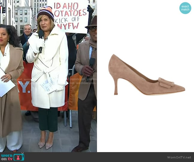 Manolo Blahnik Maysale Suede Pointed-Toe Buckle Pumps in Beige worn by Hoda Kotb on Today