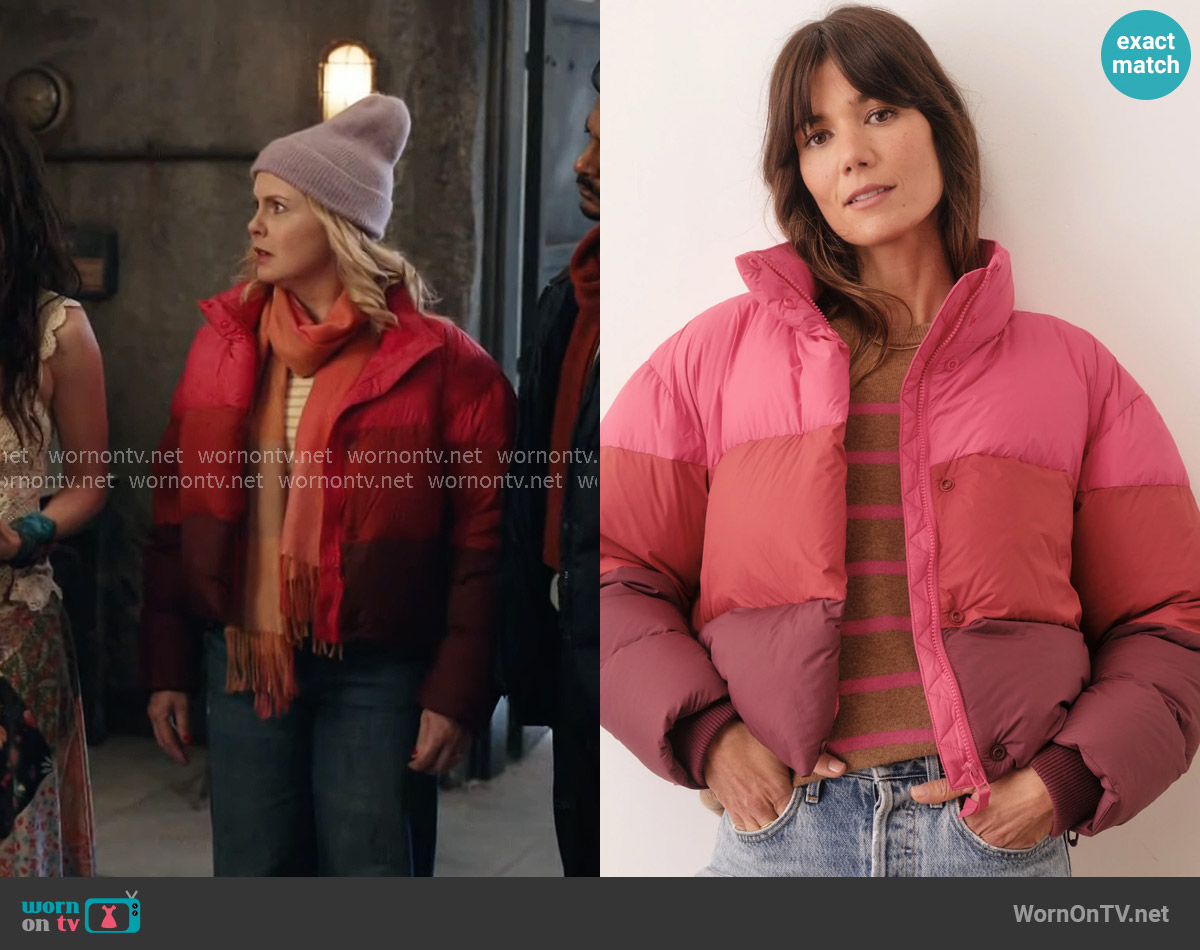 Marine Layer Gia Crop Puffer Jacket in Warm Colorblock worn by Sam (Rose McIver) on Ghosts