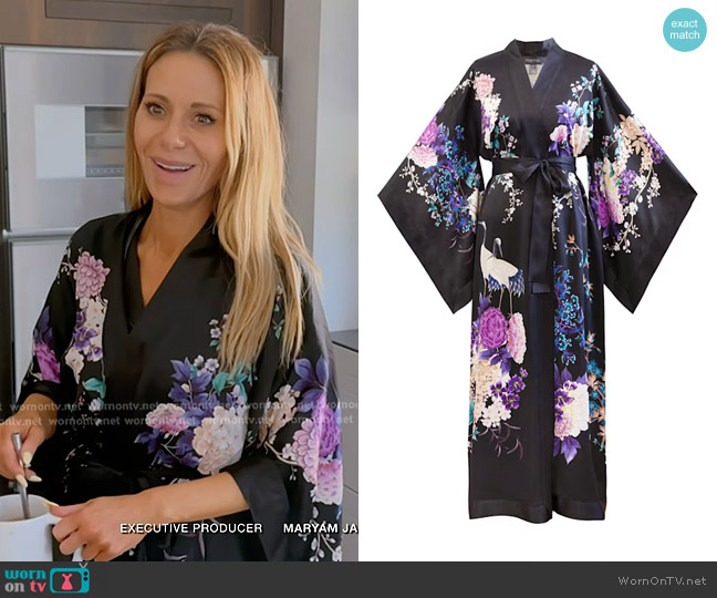 Meng Black Floral Silk Satin Kimono worn by Dorit Kemsley on The Real Housewives of Beverly Hills