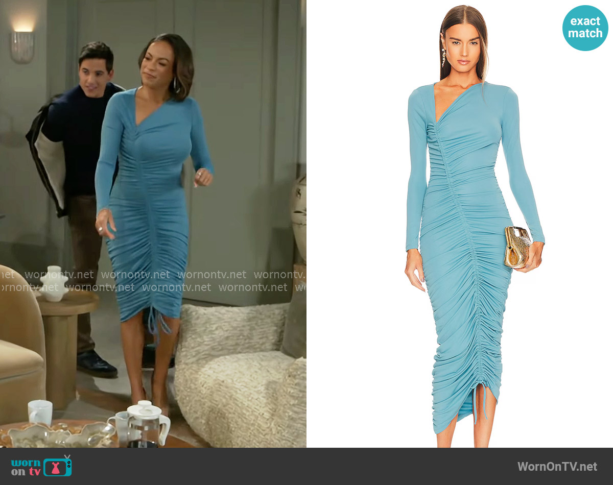 Michael Costello Kylee Midi Dress in Dusty Blue worn by Nicole Dupree Richardson (Daphnee Duplaix) on Beyond the Gates
