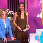 Miranda Kerr’s brown scoop neck dress on The View