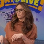 Monica’s brown satin drape top on Live with Kelly and Mark