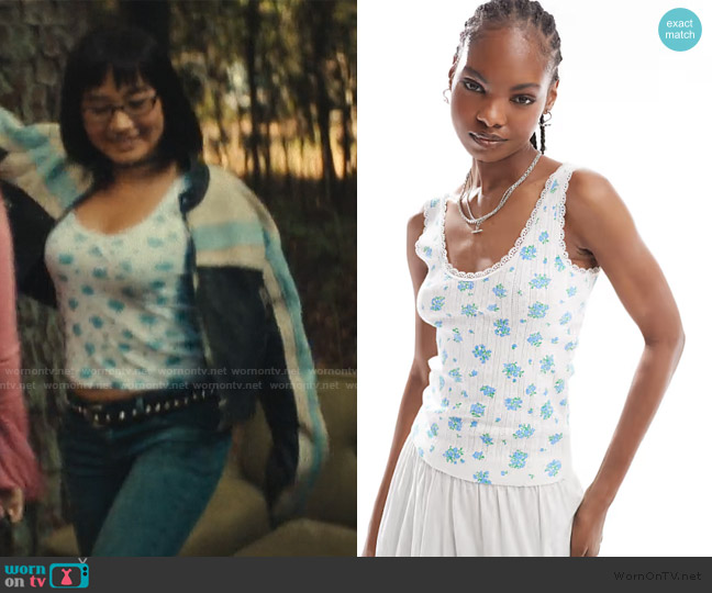 Monki Pointelle scoop neck vest top with lace trim worn by Helen Wang (Tiffany Ho) on His & Hers