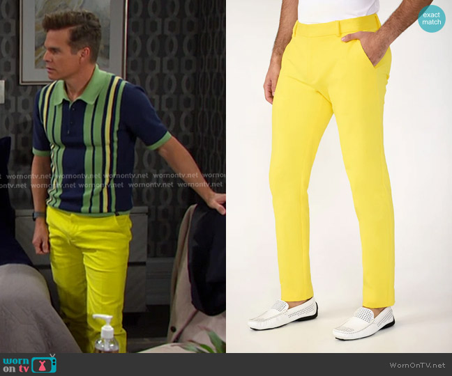 Mr Turk Clyde Slim Trouser Stretch Herringbone in Lavandou Lemon worn by Leo Stark (Greg Rikaart) on Days of our Lives