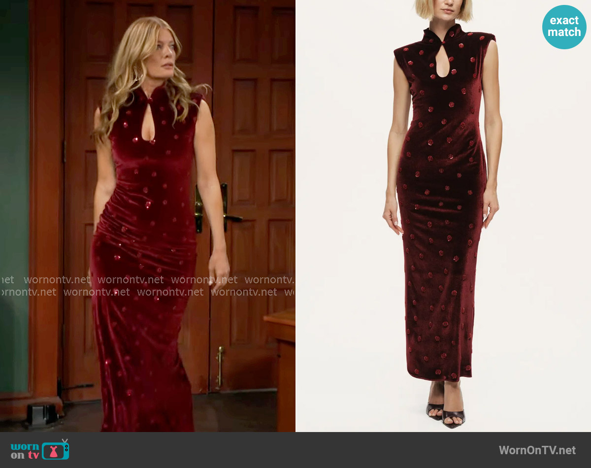 Nocturne Mandarin-Collar Velvet Midi Dress worn by Phyllis Summers (Michelle Stafford) on The Young and the Restless