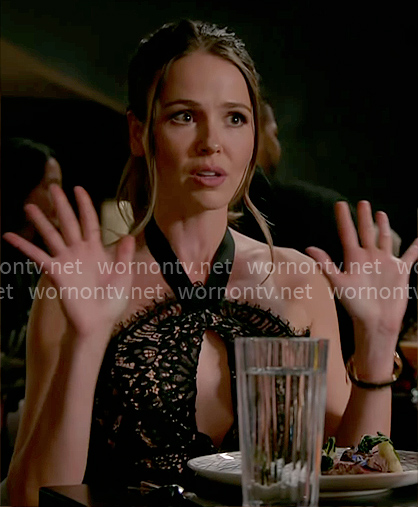 Novak’s black lace halter neck jumpsuit on Chicago Fire