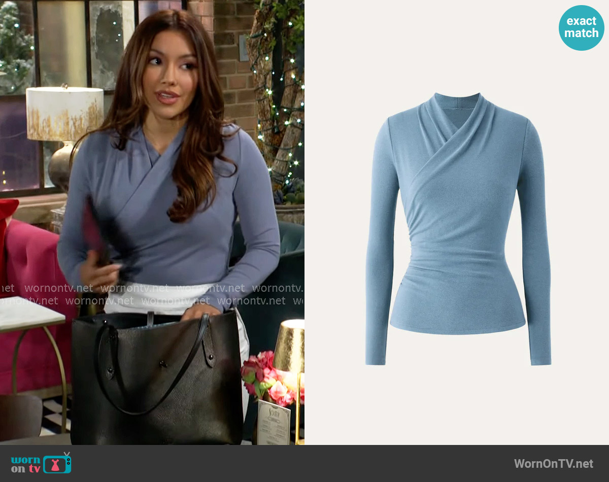 OGL Surplice Long Sleeve Top in Dusk Blue worn by Audra Charles (Zuleyka Silver) on The Young and the Restless