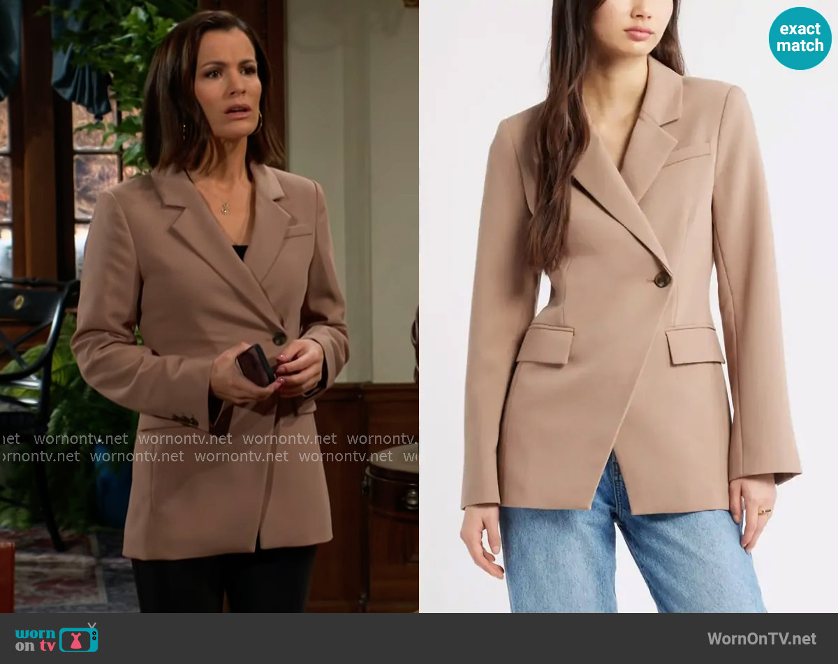 Open Edit The Icon Asymmetric Fitted Blazer in Tan Portabella worn by Chelsea Lawson (Melissa Claire Egan) on The Young and the Restless