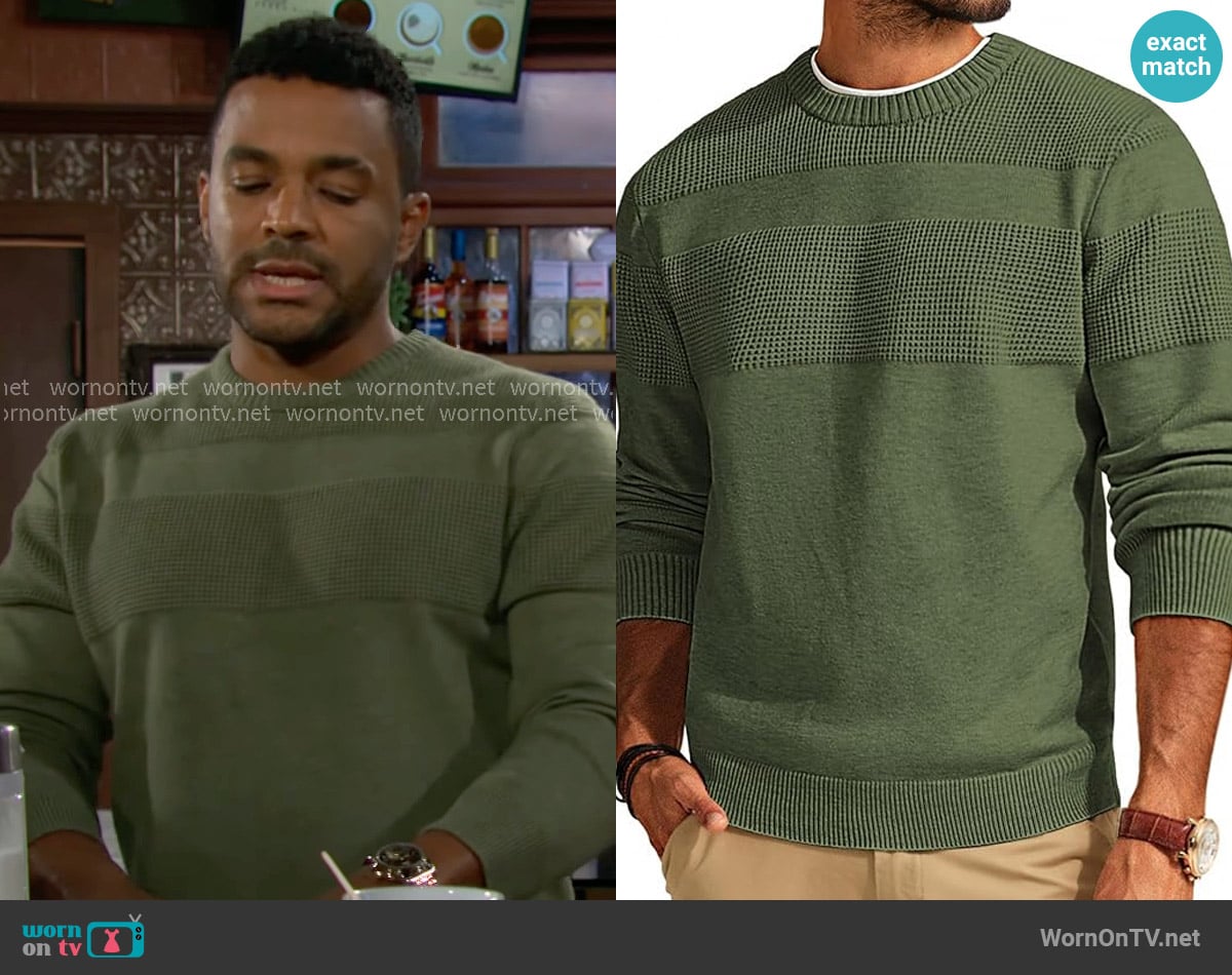 PJ Paul Jones Textured Knit Sweater in Green worn by Nate Hastings (Sean Dominic) on The Young and the Restless
