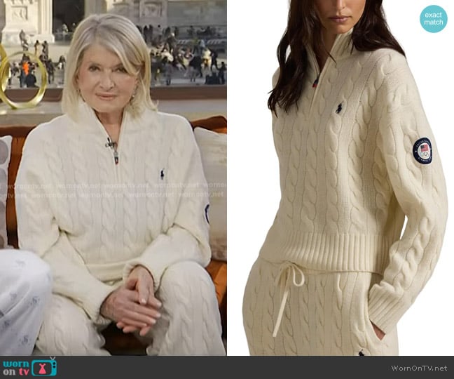 Polo Ralph Lauren Team USA Cable Stitch Half Zip Pullover worn by Martha Stewart on Today