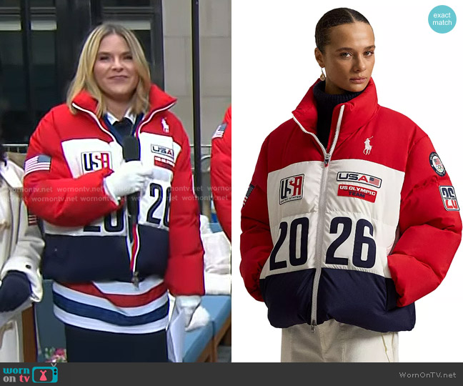Polo Ralph Lauren Team USA Closing Ceremony Jacket in RL Red Multi worn by Jenna Bush Hager on Today