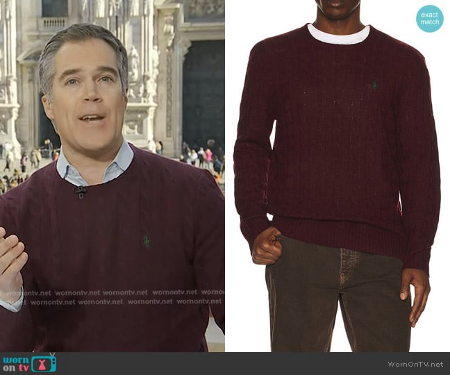 Polo Ralph Lauren Wool Cashmere Cable Knit Crewneck Sweater in Aged Wine Heather worn by Peter Alexander on Today