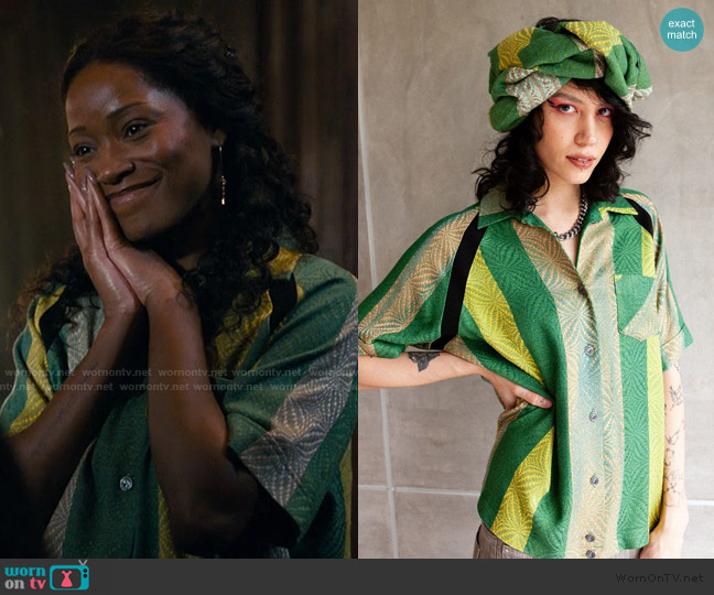 Ponytail Journal Bowling Shirt in Handwoven Green Stripe worn by Samira Fisher (Keke Palmer) on The Burbs